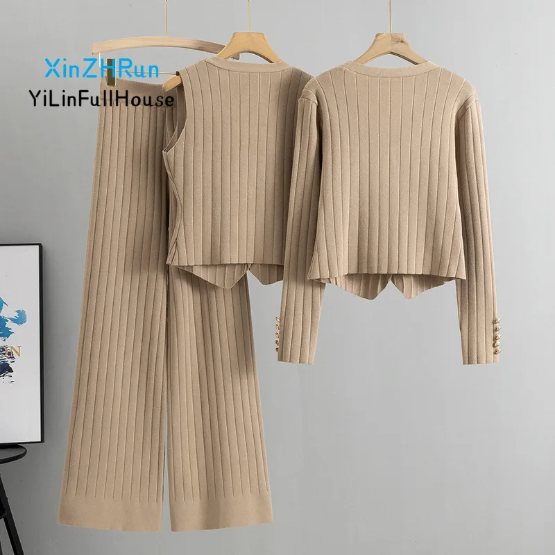 2024 Autumn Women's V-neck Metal Buckle Vest Knitted Set Korean Edition Slim Fit Small Fragrant Style Wide Leg Pants Sweater Set