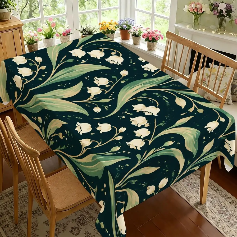 Elegant Botanical Lily of the Valley Tablecloth - Dark Teal Floral Print Soft Table Cover Suitable for Dining Room, Wedding, Party, Kitchen, Spring Home Decor, Rectangular Table for Seasonal Settings, Machine-Made