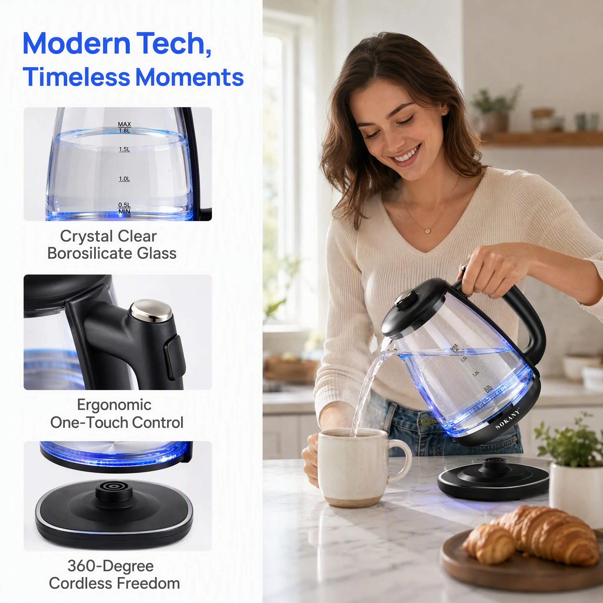 Cross-border European standard electric kettle, high borosilicate glass household kettle, 1.8L, automatic shut-off, 1800W