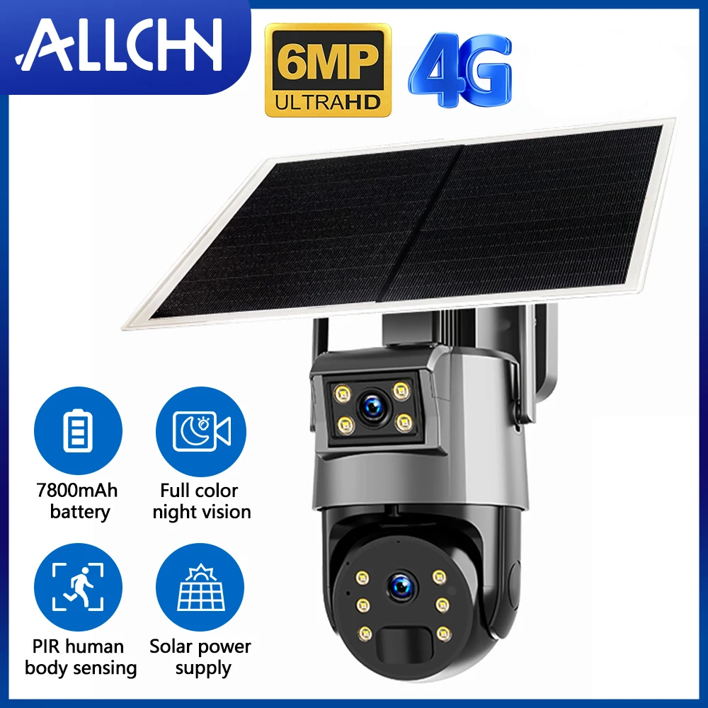 ALLCHN 6MP 4G Dual Lens Dual Screen Solar Camera Panel CCTV Camera PTZ Outdoor  Full Color Audio PIR Human Detection Camera