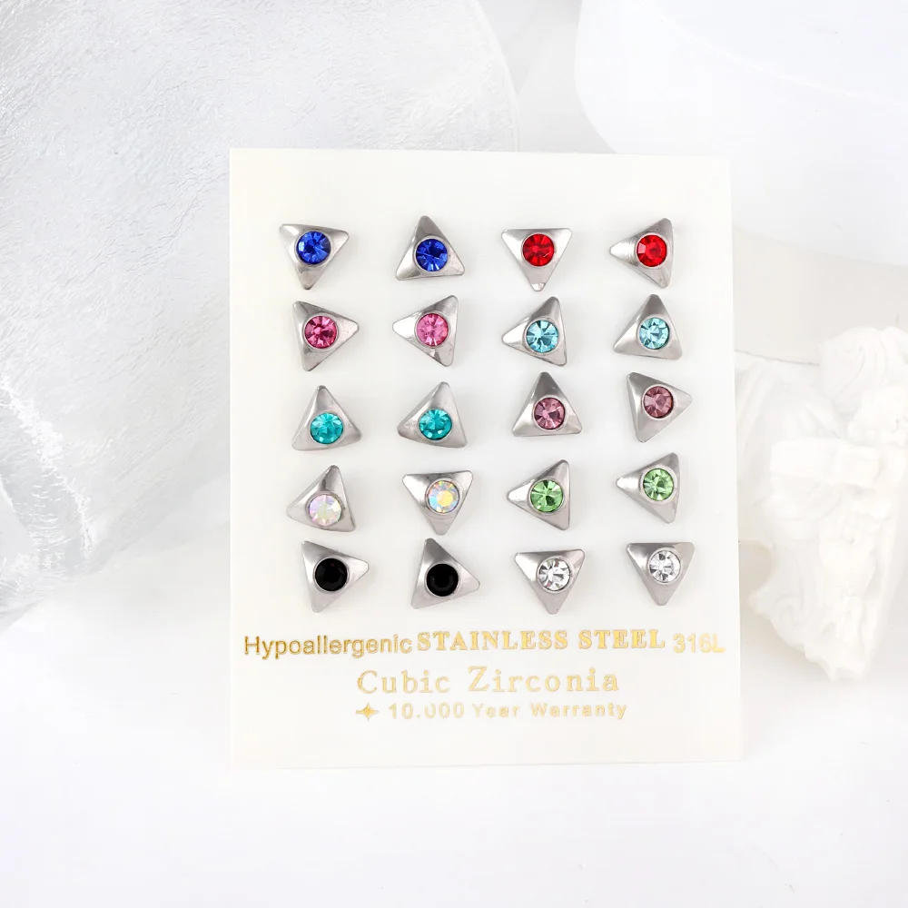LUXUKISSKIDS Mix Color Cubic Zirconia Studs Geometric Triangle Tiny Flower Heart Shape 10Pairs Wholesale Earrings Small Business