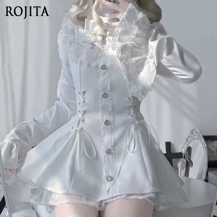 

White Gothic Lolita 2-Piece Set Corset-Style Cross and Bow Details Blouse with Lace Trim + Shorts Includes Matching Neck Bow