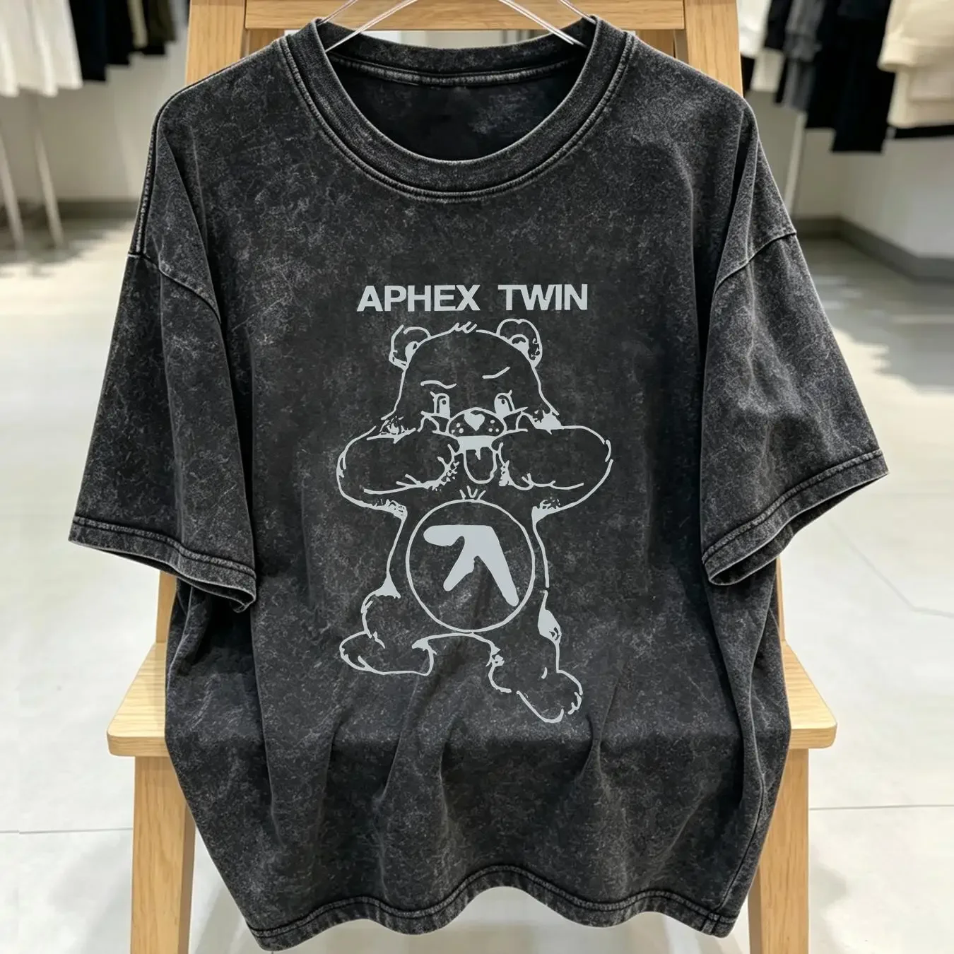 washed T Shirt Aphex Twin Bear logo basic black short sleeve cotton NH3940 vintage Washed designer clothes Slightly Unisex Soft