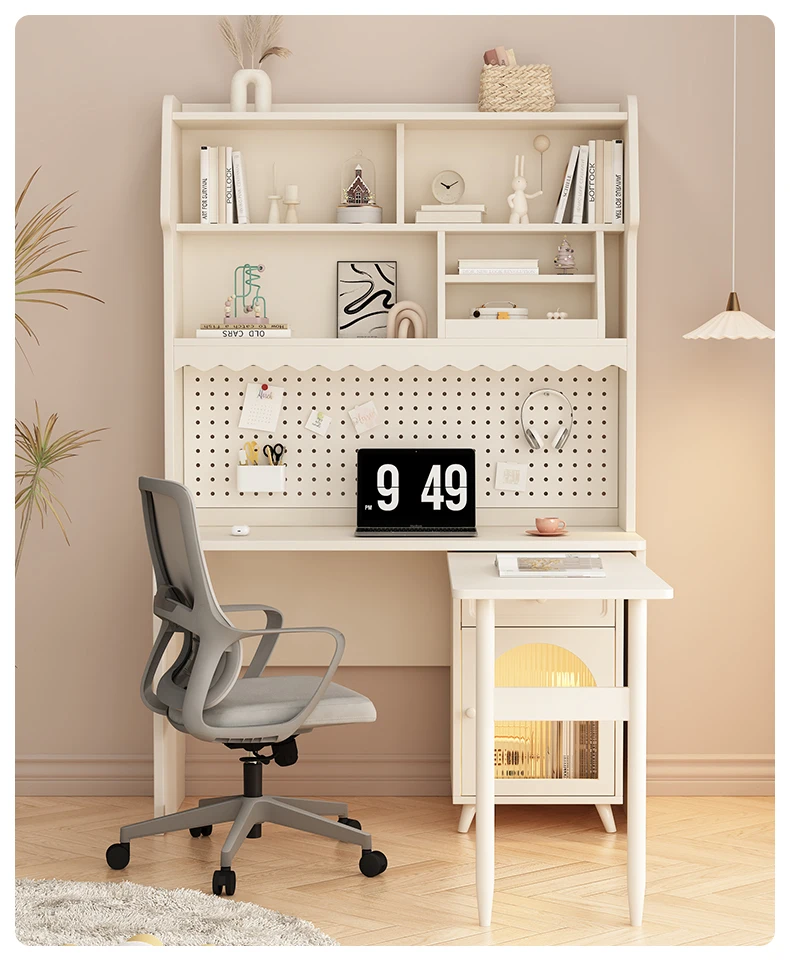 Twin cream wind corner desk, computer, rotating bookshelf, bedroom, student study desk