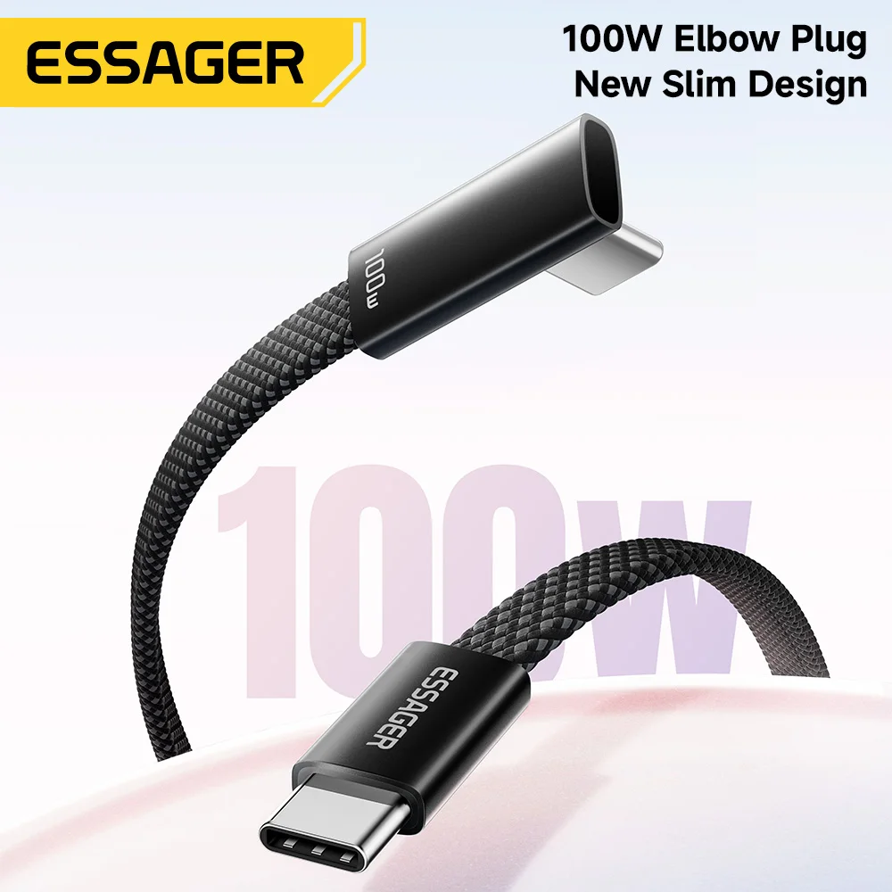 Essager 90° Right-Angle USB C Cable 100W L-Shaped Cord for iPhone 17 Samsung Xiaomi Type-C Fast Charging Elbow Cable for Gaming