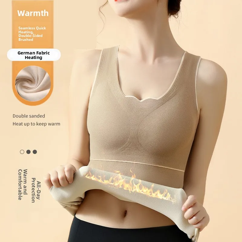Women's Thermal Velvet Vest Thickened Integrated Seamless Autumn Winter Inner Wear with Chest Pad Large Size Base Shirt