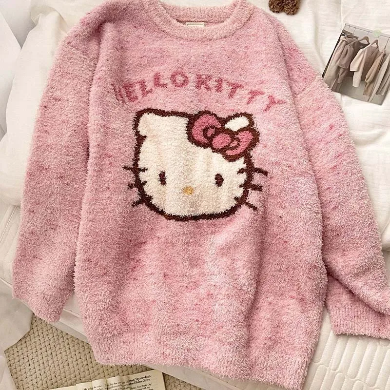 Sanrioed Hello Kitty Pyjama Pak Anime Flanel Vrouwen Warm Wollen Wit Cartoon Casual Loungewear Herfst Winter Grils Broek