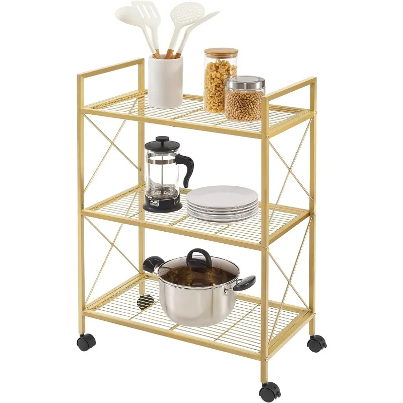 3-Tier Metal Storage Rack with Wheels, Mesh Shelving Unit with X Side Frames, 23.6-Inch Width, Industrial Style