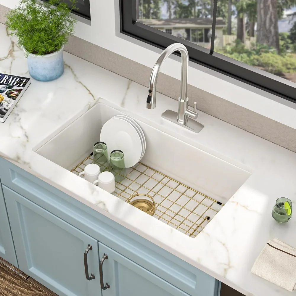 حوض المطبخ ذو اللمعان المزدوج من السيراميك Fireclay عالي التركيب - خيارات التثبيت العلوي 32 × 19 #4