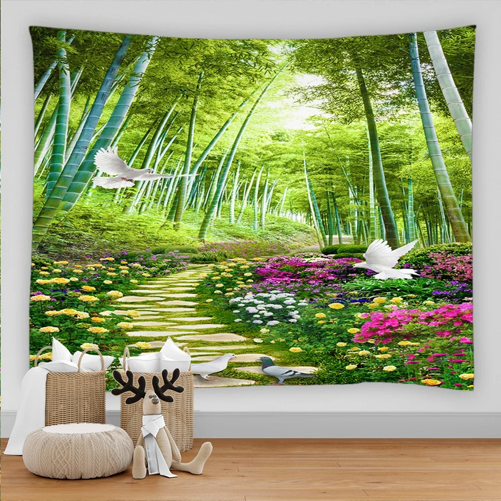 Natural Rural Scenery Wall Hanging Plant Flowers Birds waterfall landscape Tapestry Wall Cloth Beach Mat Blanket Home Decoration