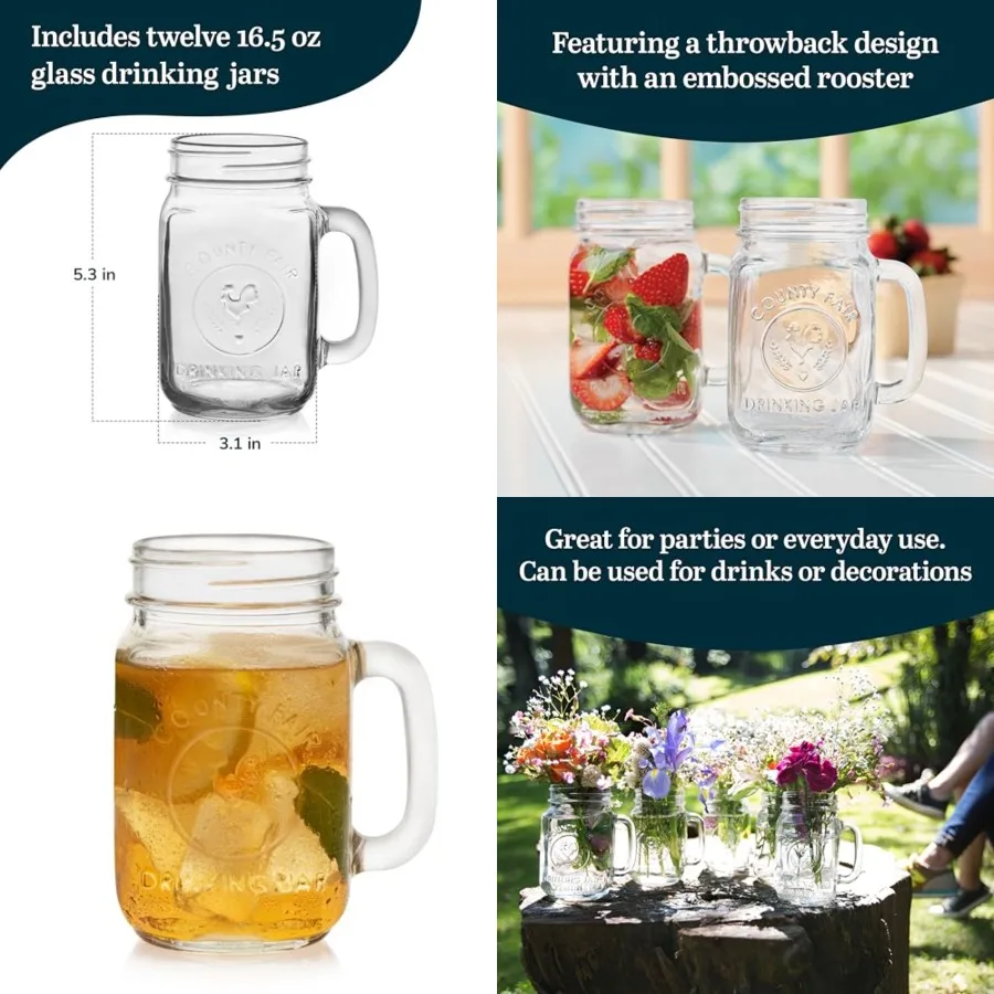 

County Fair Set of 12 Mason Drinking Jars with Handles, Classic 16.5 oz Glass Mason Jar Mugs w/Top, Drinking Glass Jar for Cock