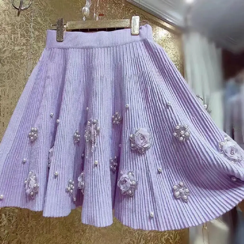 New In Autumn Winter High-end Thick Pleated Skirt For Women Purple Short Mini Faldas Japan Korean Popular Half Skirts Clothes