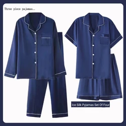 Women's Four-Piece Pajamas Spring And Autumn Summer Couples Pajamas Female Ice Silk Thin Section Of Men's Home Wear Pajama Set