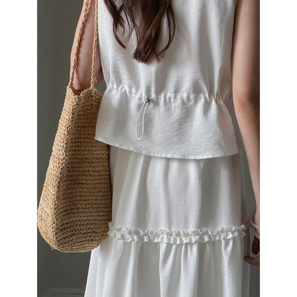 

Sweet Old Money Geping Fungus Lace Vest Summer A-Line Skirt Two-Piece Suit N243C Women's Fashion Ensemble