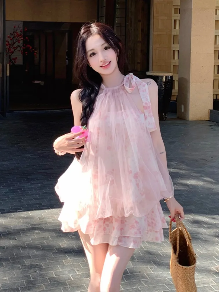 

Sweet Style Mesh Neck Hanging Two-Piece Set Women Summer Pink Floral Sleeveless Top Half Skirt Elegant Ensemble for Young Women