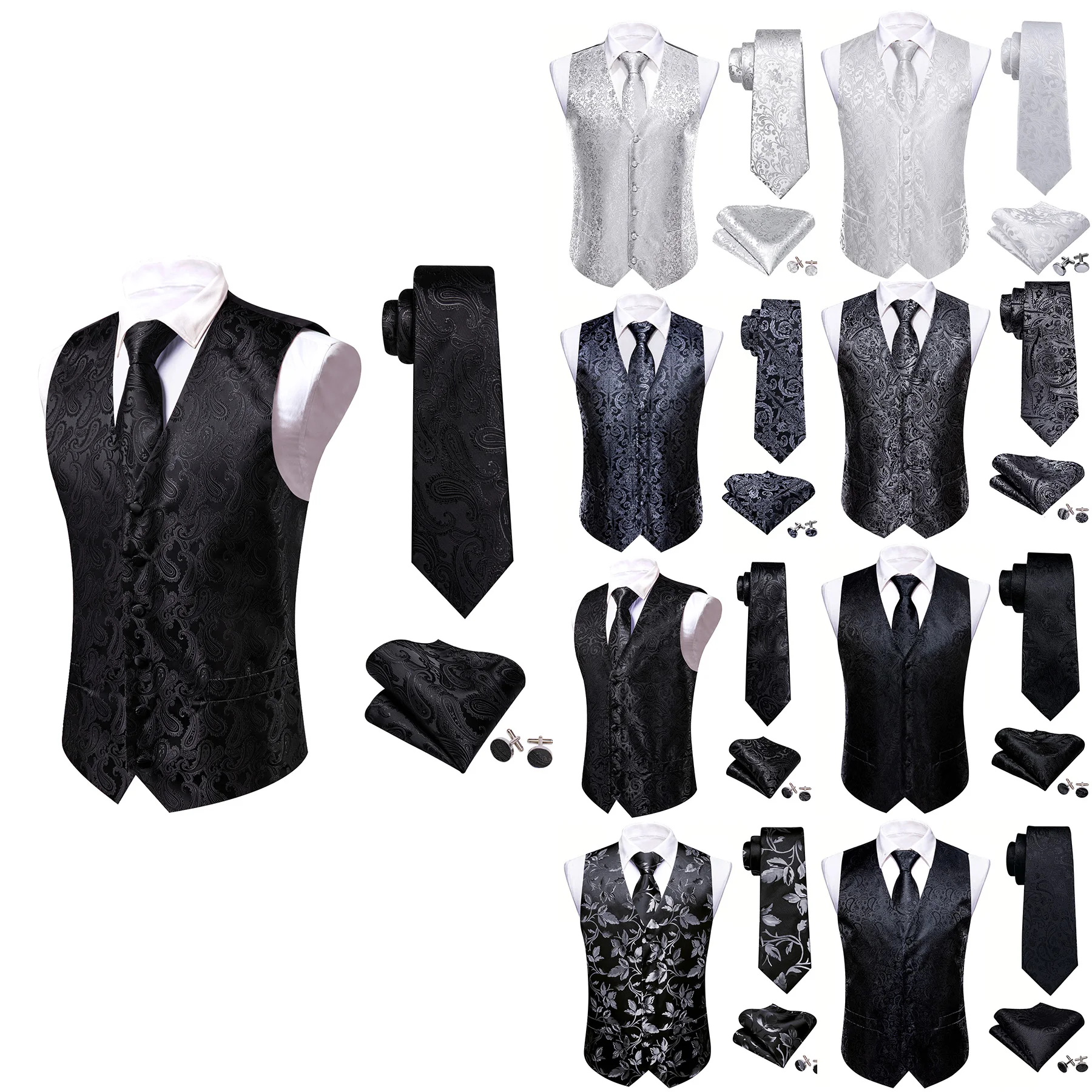 Men's Vest Tie Set 4PC Paisley Floral Jacquard Waistcoat and Necktie Pocket Square Cufflinks Vests for Suit Tuxedo Wedding Black