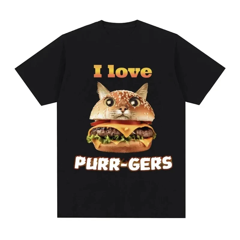 

I Love Purr Gers Fun Burger Cat Printed Cotton Fashion Pattern T-shirt Women's Casual Retro Harajuku T-shirt Large Street Wear