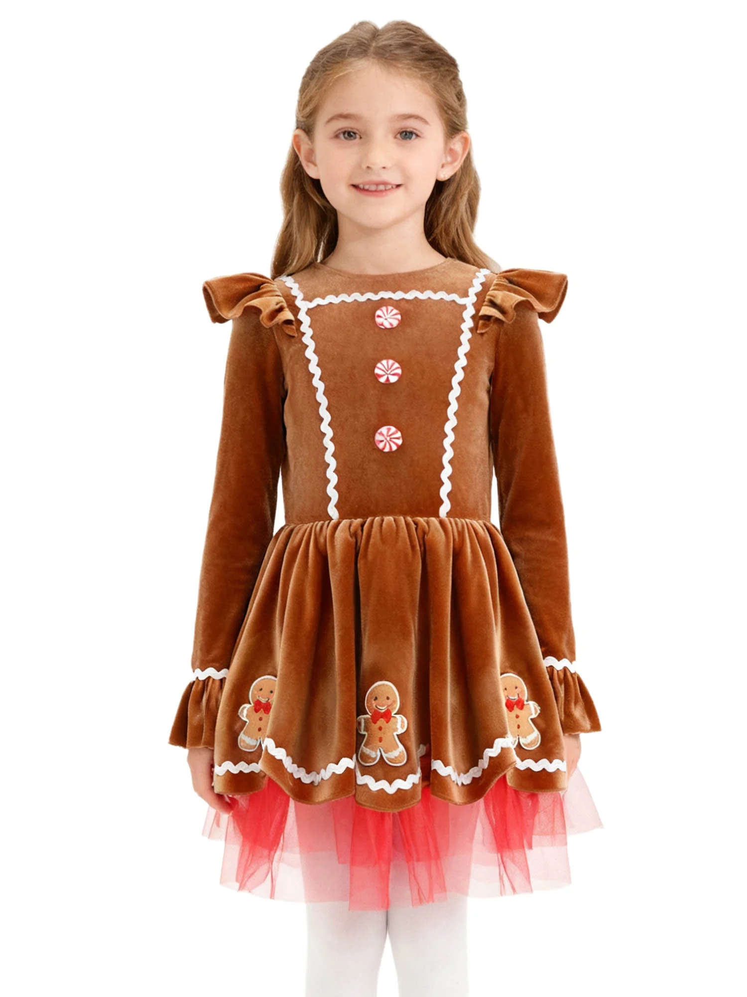 Mädchen-Lebkuchen-Kostüm, niedlich, langärmelig, Samt, Halloween, Weihnachten, Cosplay, Anziehballett, Trikot, Tutu-Kleid, Tanzbekleidung