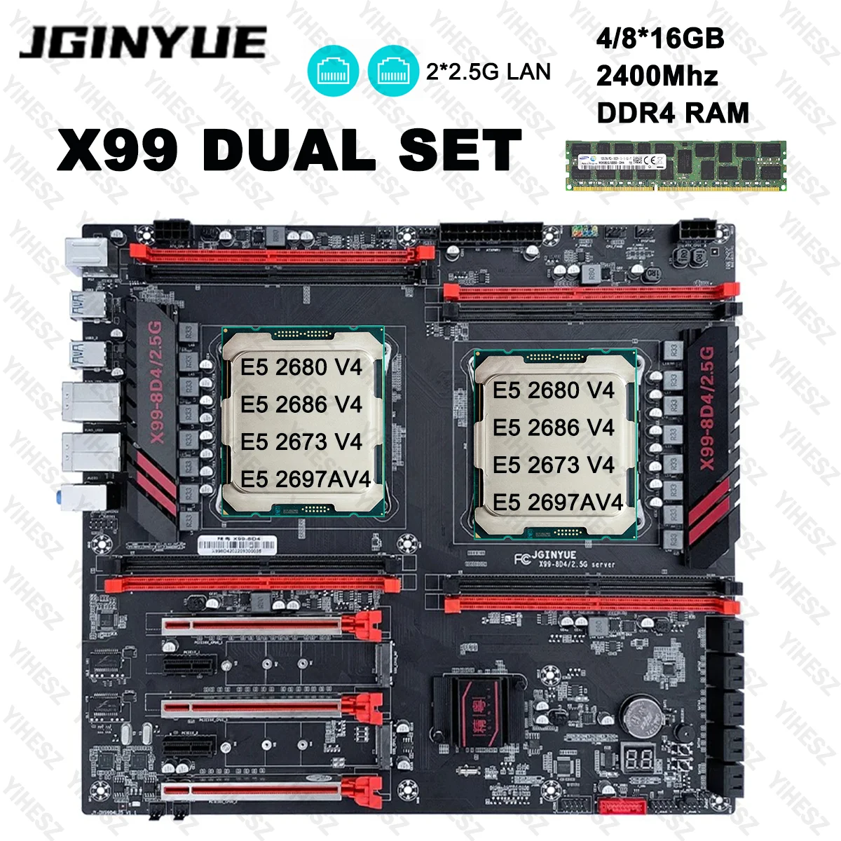 

JGINYUE X99 8D4 Двойная материнская плата LGA 2011-3 Поддержка процессора Xeon E5 V3 V4 Память DDR4 Восемь каналов Двойная сетевая карта 2,5G