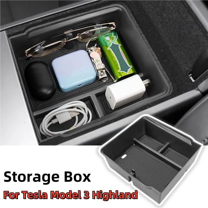 

Center Console and Armrest Hidden Storage Box For Tesla Model 3 Highland 2024, Flocking&Silicone Layered Interior Storage Tool