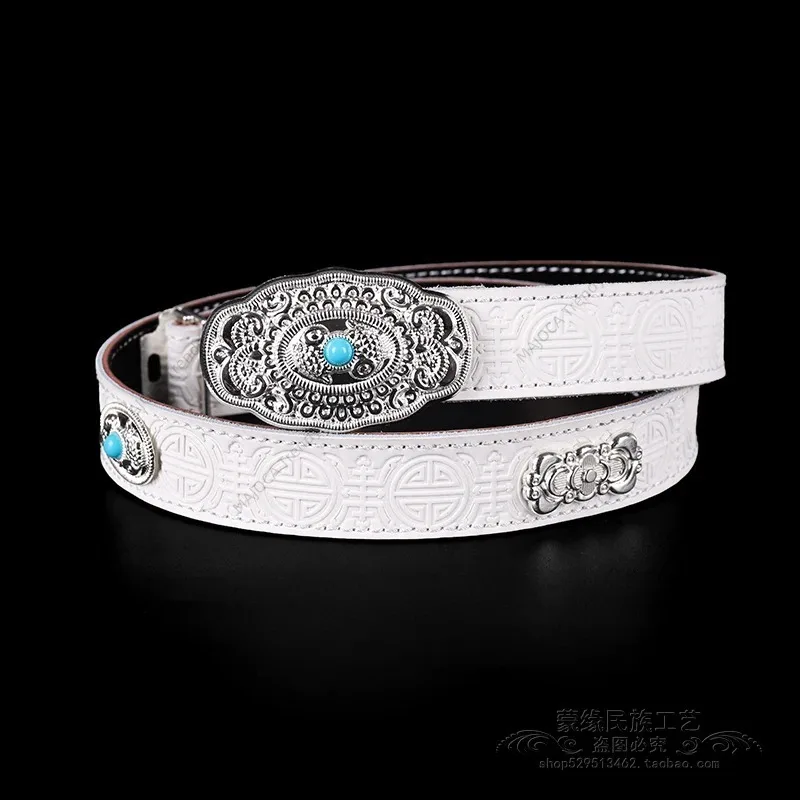 Ethnic Mongolian Element White Cowhide Belt | Embossed Jeans Waistband | Vintage Silver Turquoise Buckle Girdle