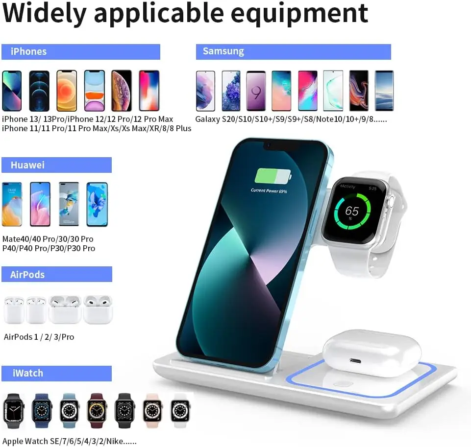 Foldable 3-in-1 LED Wireless Charging Station 15W Fast Charger Compatible with iPhone Series Apple Watch & AirPods Pro