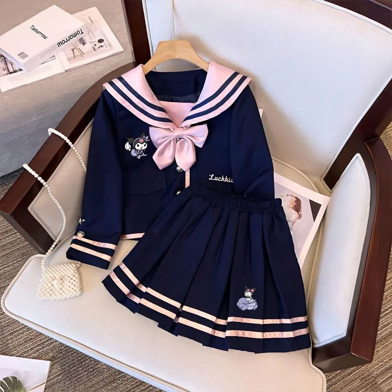 Hello Kittys Girls Jk Uniform Suit College Style Anime Sanrios Kuromi Pleated Skirt +Long Sleeves Shirts Fashion Kids Clothes