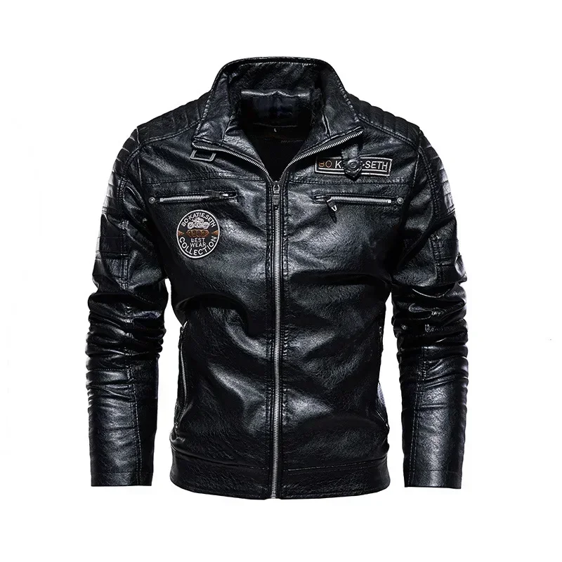 Men's Leather Clothing Autumn Winter Fashion Retro Windproof Fleece Liner Warm Outdoor Riding Lapel Coat Men's PU Leather Jacket