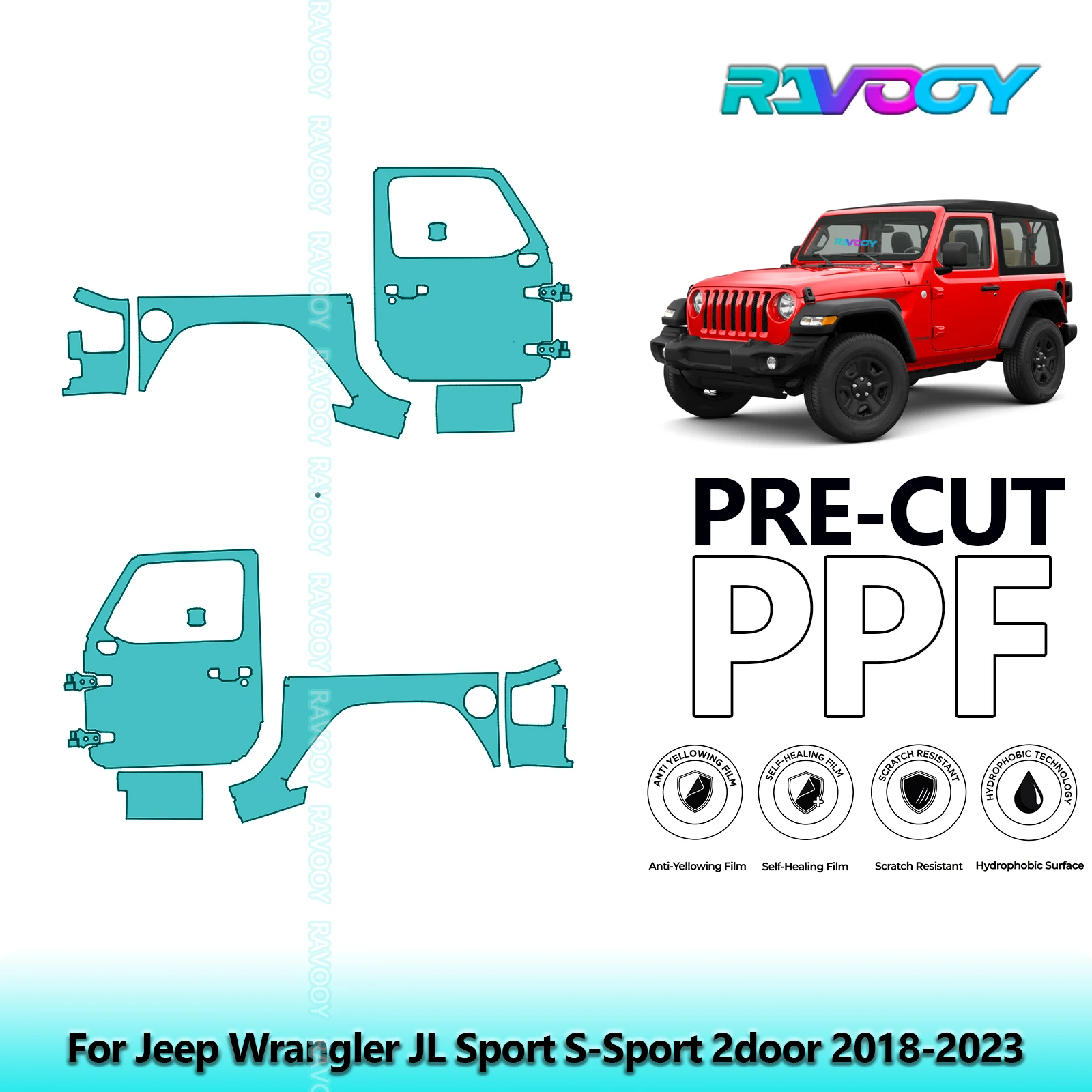 

For Jeep Wrangler JL Sport S-Sport 2door 2018-2023 8.5mil Pre-Cut PPF Door & A/B Pillar Kit TPU Paint Protection Film Set