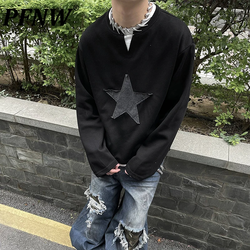 PFNW American Vintage Star Patch Design Fake Two Pieces Long-sleeved T-shirt Men's Casual Loose Casual Spring New Tops 12C2238