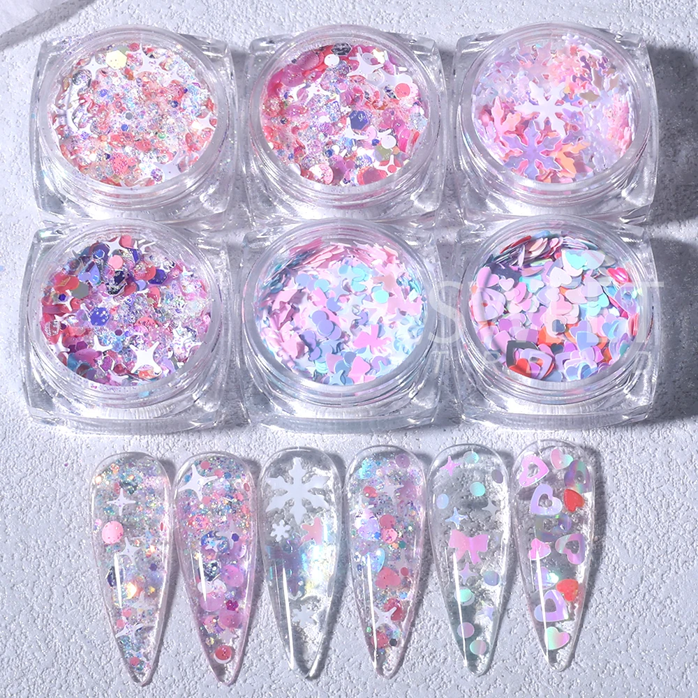6/12 cajas de lentejuelas con purpurina rosa, mezcla de lentejuelas con forma de estrella y corazón para uñas, escamas holográficas, decoración de manicura para el Día de San Valentín