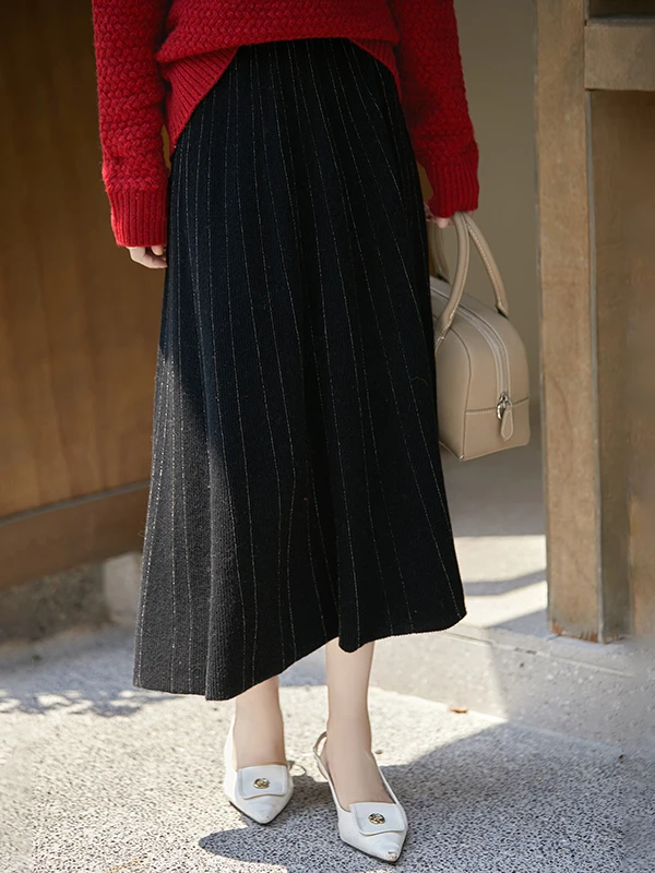 Autumn Winter Women's Fashion Woolen Knitted Half Skirt Loose Fit Cashmere Skirt High Waist A-Line Skirt Bright Thread Detail