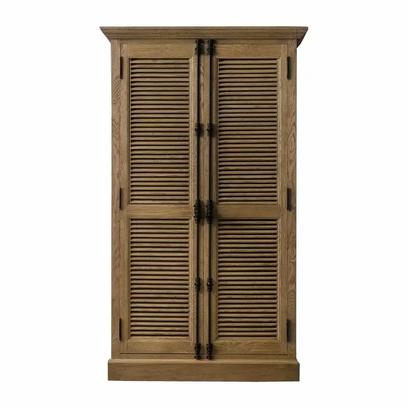 

American country bedroom solid wood wardrobe fashionable high-end retro old wardrobe furniture louver door cabinet