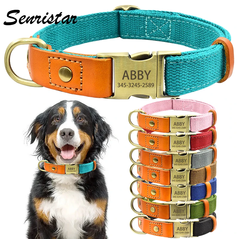 

Personalized Genuine Leather Dog Name Collar Custom Engraved Metal Buckle Soft Nylon Pet Dog Collar for Small Medium Large Dogs