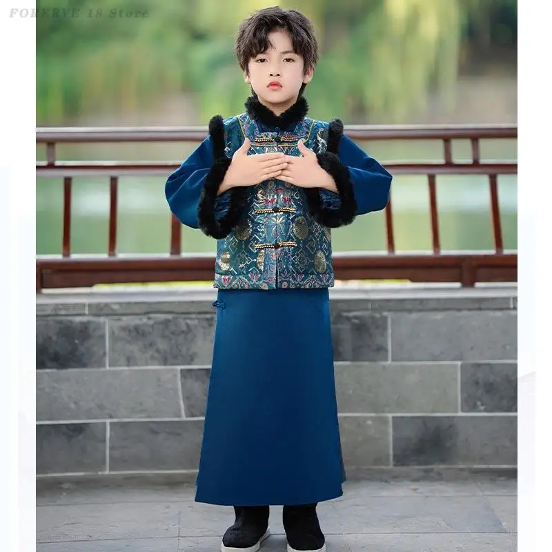 

Boys Tang Suit Hanfu Autumn Winter Thicken Gowns Vest Set Traditional Chinese Ancient Children's School Clothing Cosplay Costume
