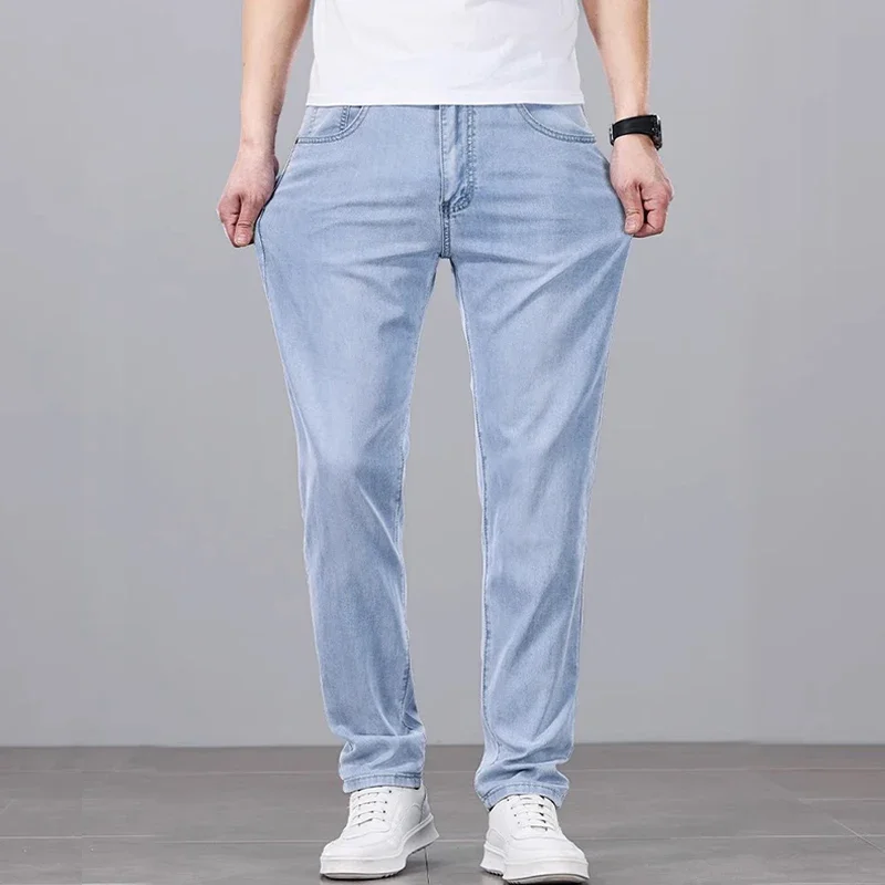 Men Comfortable Tencel Summer Casual Denim Pants Male Classic Soild Streetwear Jeans Solid Stretch Gray Blue Work Wear Trousers