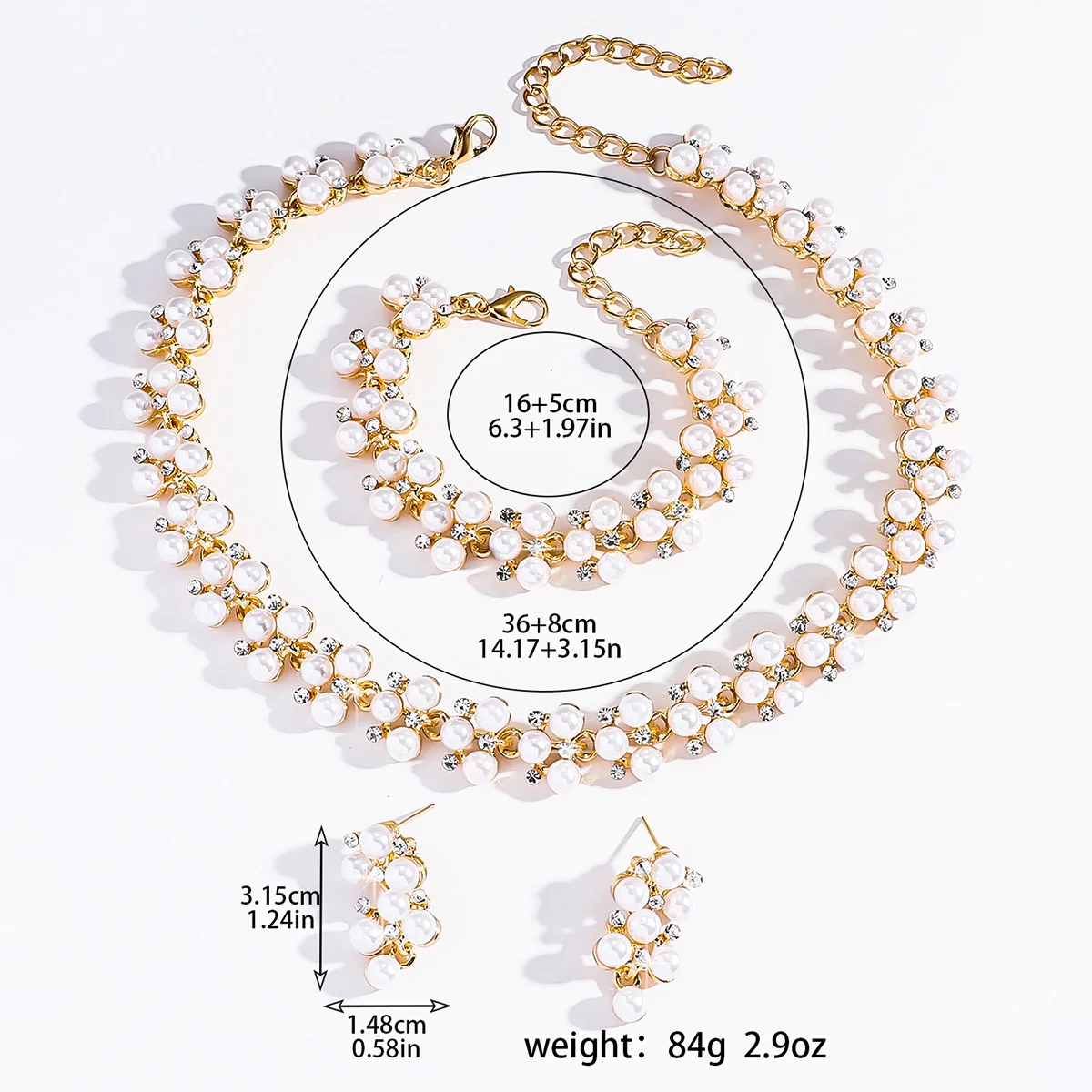 4PC Women\'s Fashion Simple Imitation Pearl Rhinestone Necklace Earrings Jewelry Set, Suitable for Wedding, Party, Festival Gifts