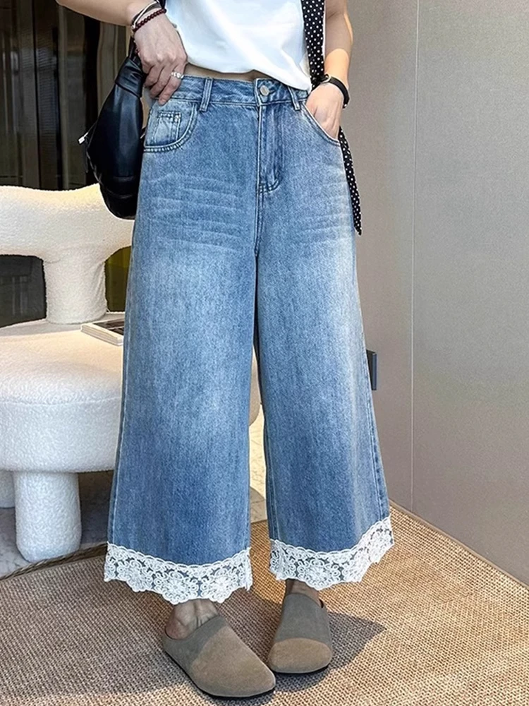 

Европейские джинсы с широкими штанинами и кружевной отделкой, женские, свободного кроя, прямые, длиной 7/8, с высокой талией, из денима, на все сезоны, универсальные