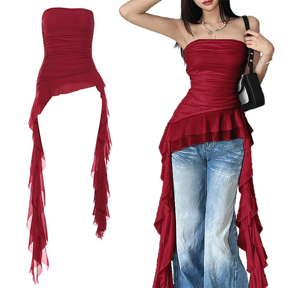 

Trendy Stretchy Irregular Ruffle Dress Tassel Design Elegant Strapless Top Ruched Style All-match Tube Dress for Evening Event