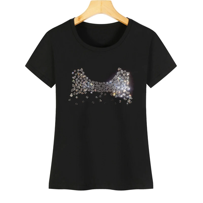 

Fashionable women's summer short-sleeved pure cotton casual T-shirt with shiny rhinestone design