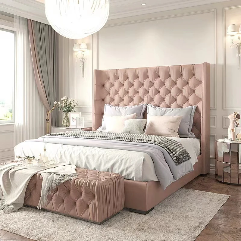 Princess Pretty Modern King Size Bed Frame Pink Luksusowe łóżko z litego drewna Loft Comferter Villa Cama Box Casal Meble do sypialni