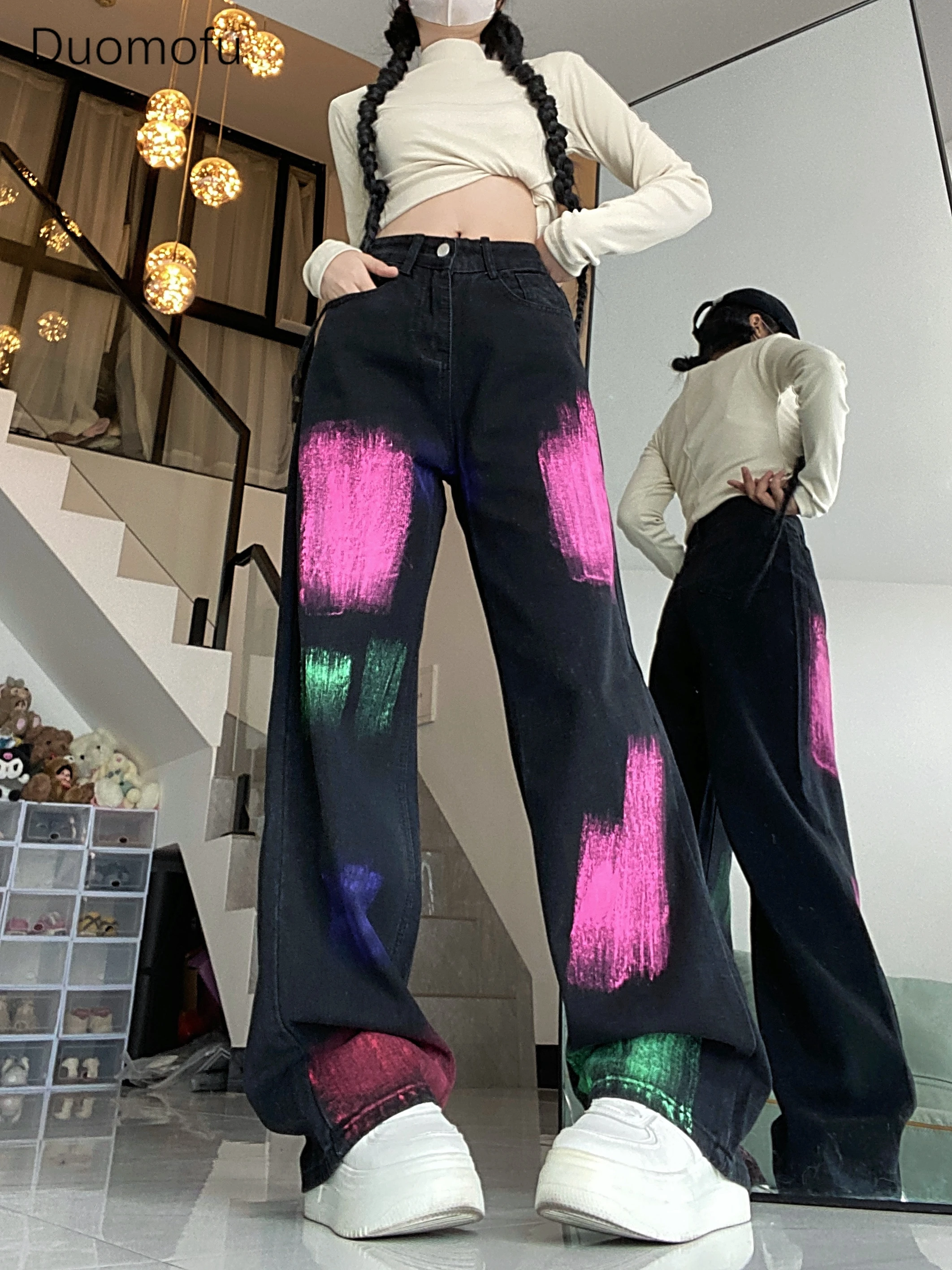 

Duomofu New Contrast Color Graffiti Painting Loose Women Jeans Autumn Chicly High Waist Slim Simple Casual Fashion Female Jeans