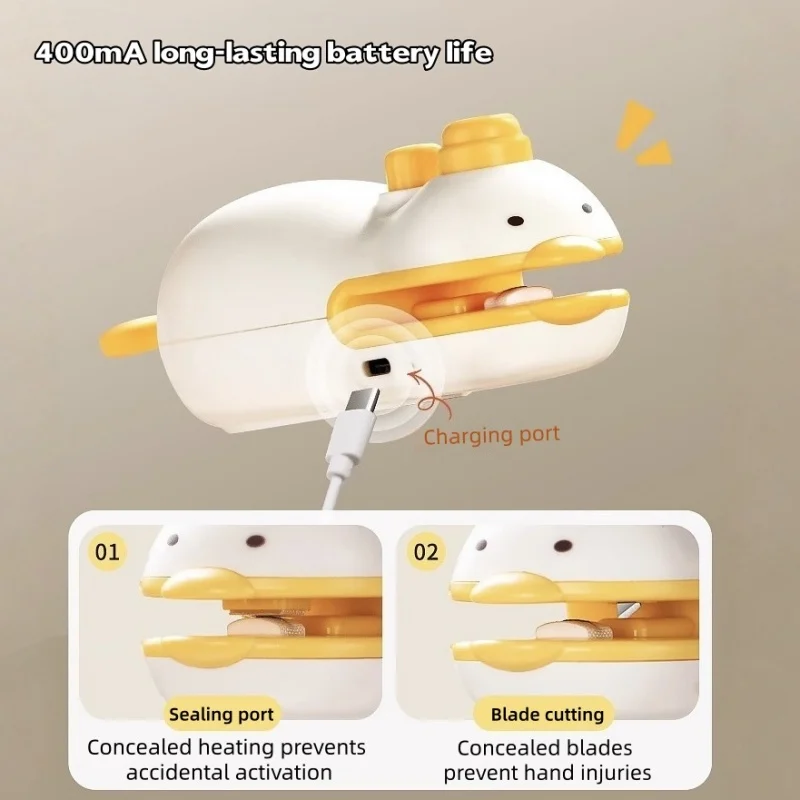 Cute Duck Rechargeable Handheld Sealer, ABS Silicone 400mAh Portable Seal Cutter for Snack Spice Pet Food Fruit Bags view 3
