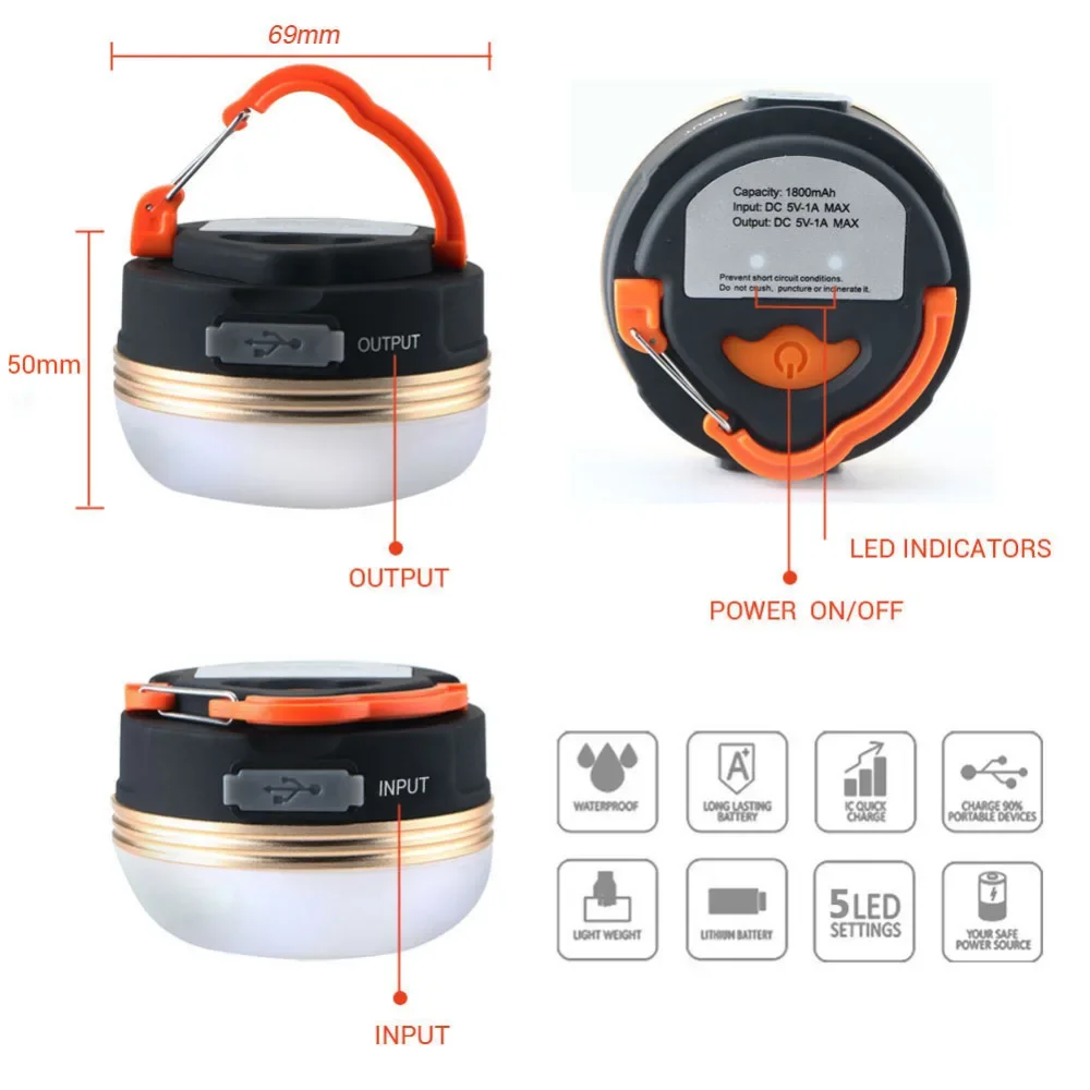 Mini Portable Camping Lights 3W LED Camping Lantern Waterproof Tents lamp Outdoor Hiking Night Hanging lamp USB Rechargeable