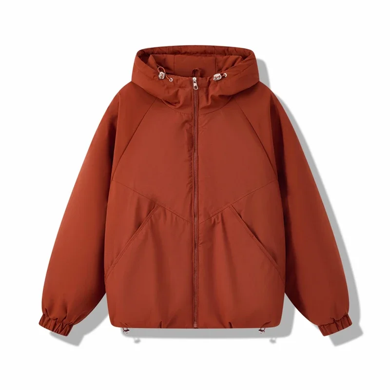 เสื้อแจ็คเก็ตพาร์กาแบบมีฮู้ดสำหรับผู้หญิง คอลเลคชั่นฤดูใบไม้ร่วง-ฤดูหนาว ปี 2025 สไตล์สปอร์ตแคชชวล บุด้วยผ้าฝ้ายหนานุ่ม สีพื้น มีเชือกผูกเอว สไตล์เกาหลี