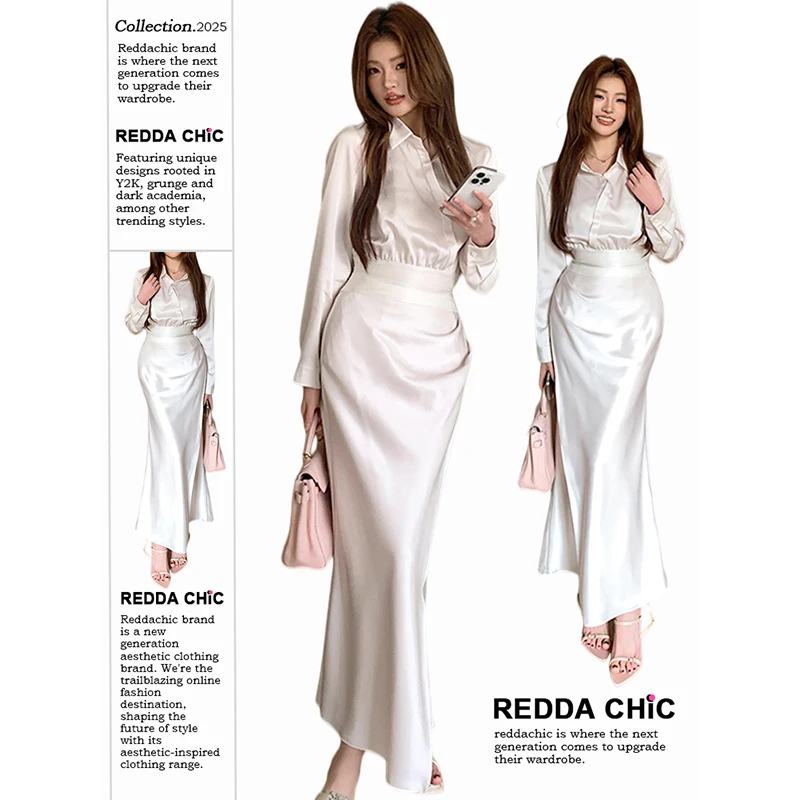 

ReddaChic, рубашка-юбка, одинаковый комплект, атласная глянцевая укороченная блузка, топ, драпированная длинная юбка-русалка, школьная офисная женская одежда