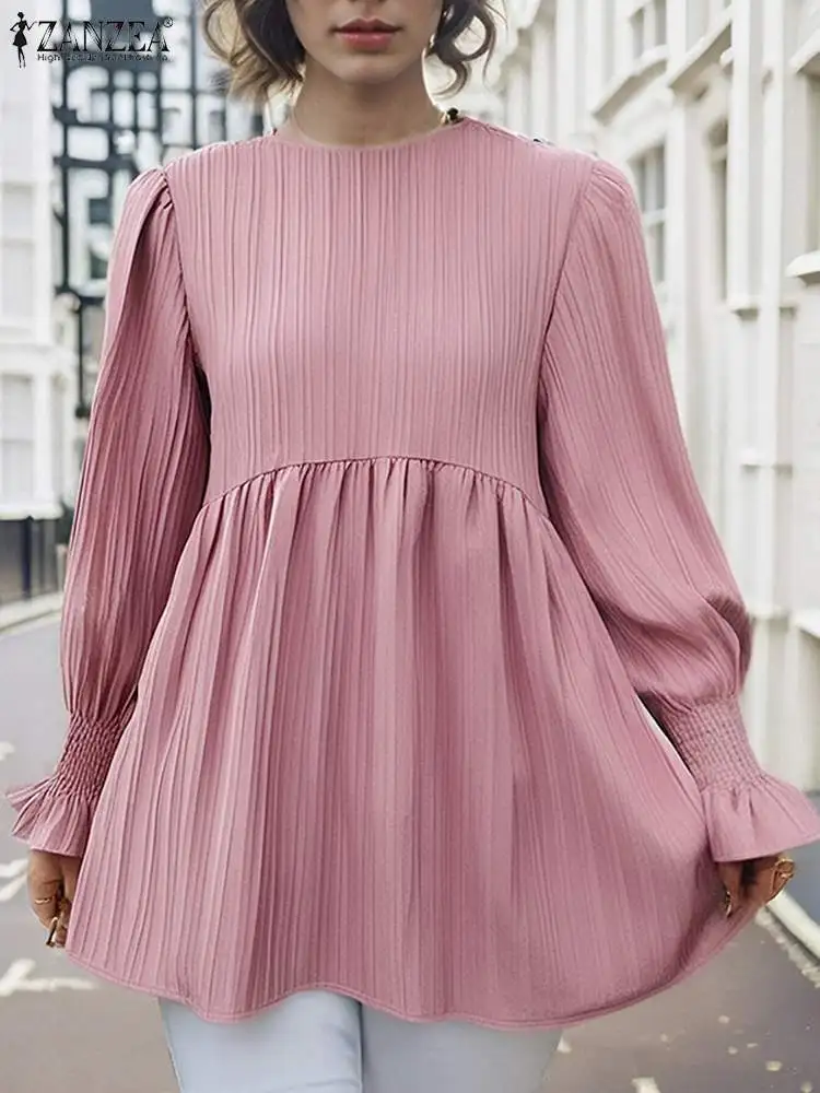 Women Pleated Flounce Femme Streetwear Tops ZANZEA American Fashion 2024 Casual Round Neck Blouse Lantern Long Sleeve Solid Tees