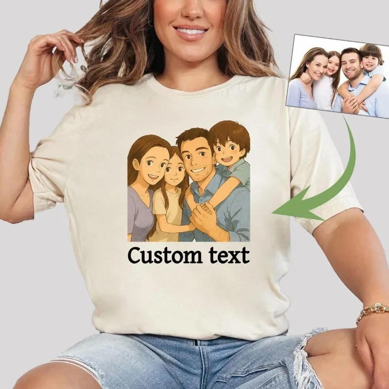Custom Photo To Cartoon Family Portrait T-shirt Personalized Custom Text Tee Matching Family Outfit Unique Gift For Family