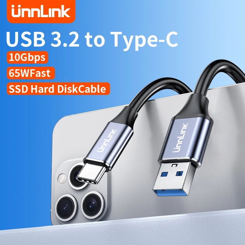 Unnlink USB 3.2 to Type C Cable 10Gbps Type-C Data Transfer SSD Hard Disk Wire Cord 3A PD 65W Fast Charging Two-way Transmission