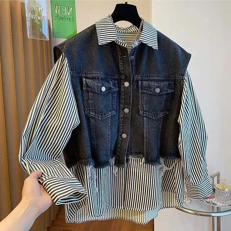

Vintage Denim Vest Patchwork Stripes Jackets Shirt Women's Spring Summer New Splicing Fake Two Pieces Shirt Coat Top Women 2025